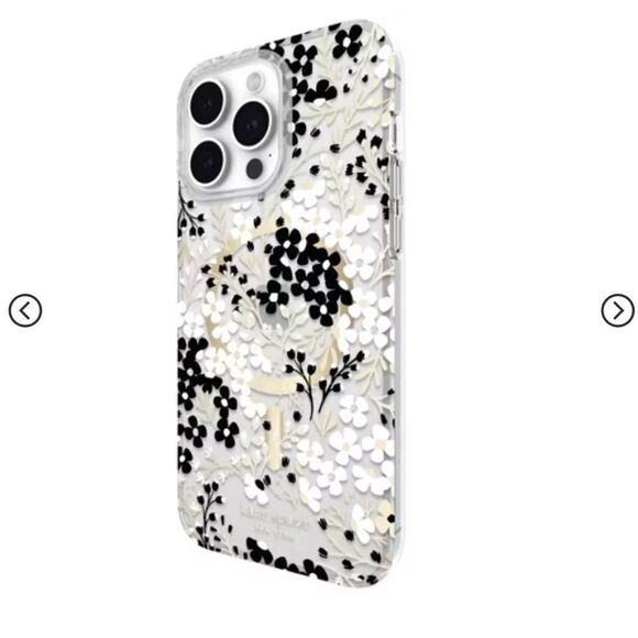 Kate Spade iPhone 15 Plus Protective Case MagSafe Black & White Floral Gems - Picture 3 of 7